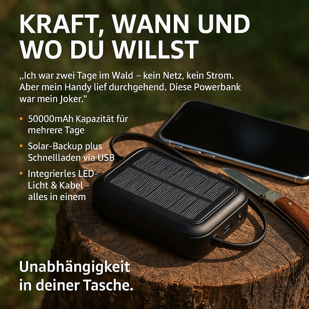 Solar Ladegerät 50000mAh – Mit Kabeln, LED & Schnellladung