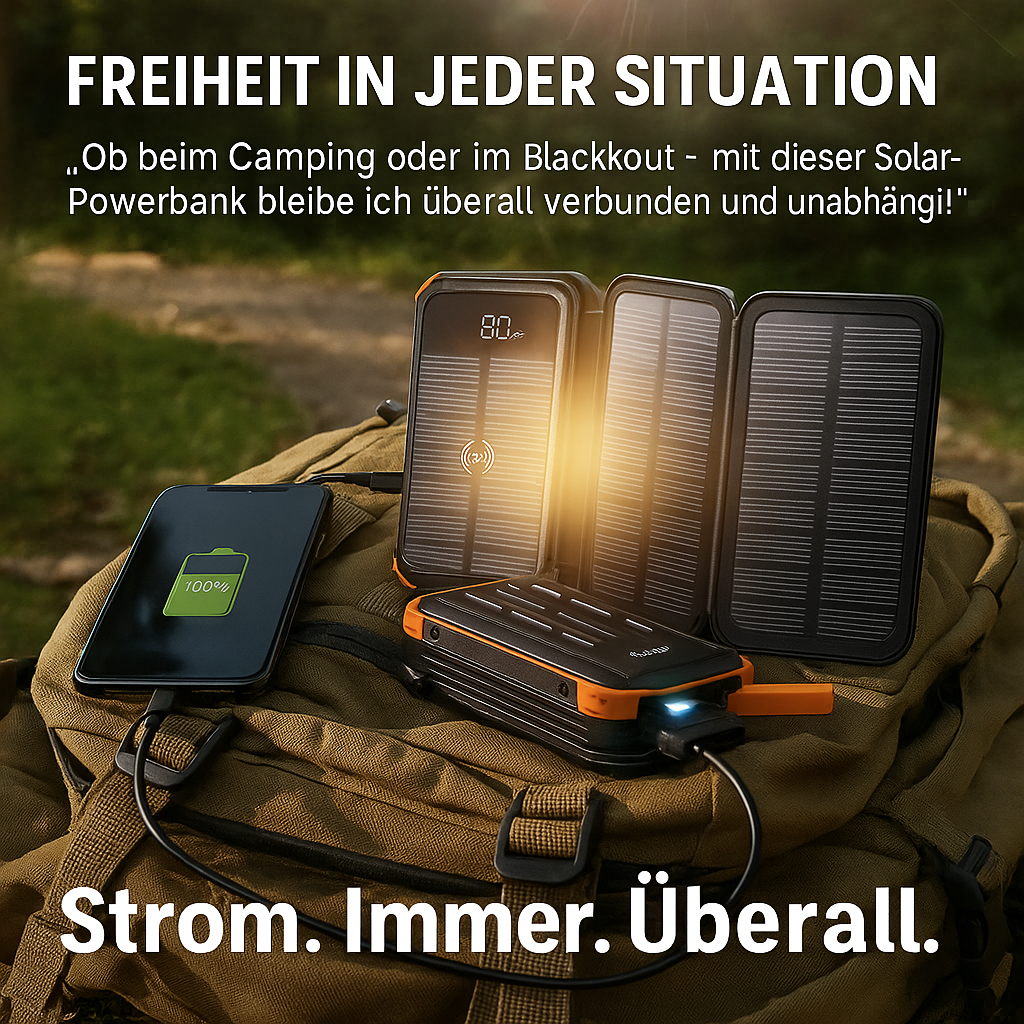 Solar Ladegerät 20000mAh – 4 Panels, LED, Schnellladen