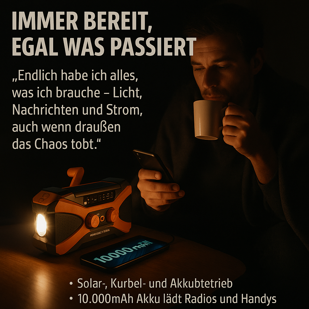 Multifunktionales Notfallradio 10000mAh – Solar, Handkurbel, LED, SOS-Alarm