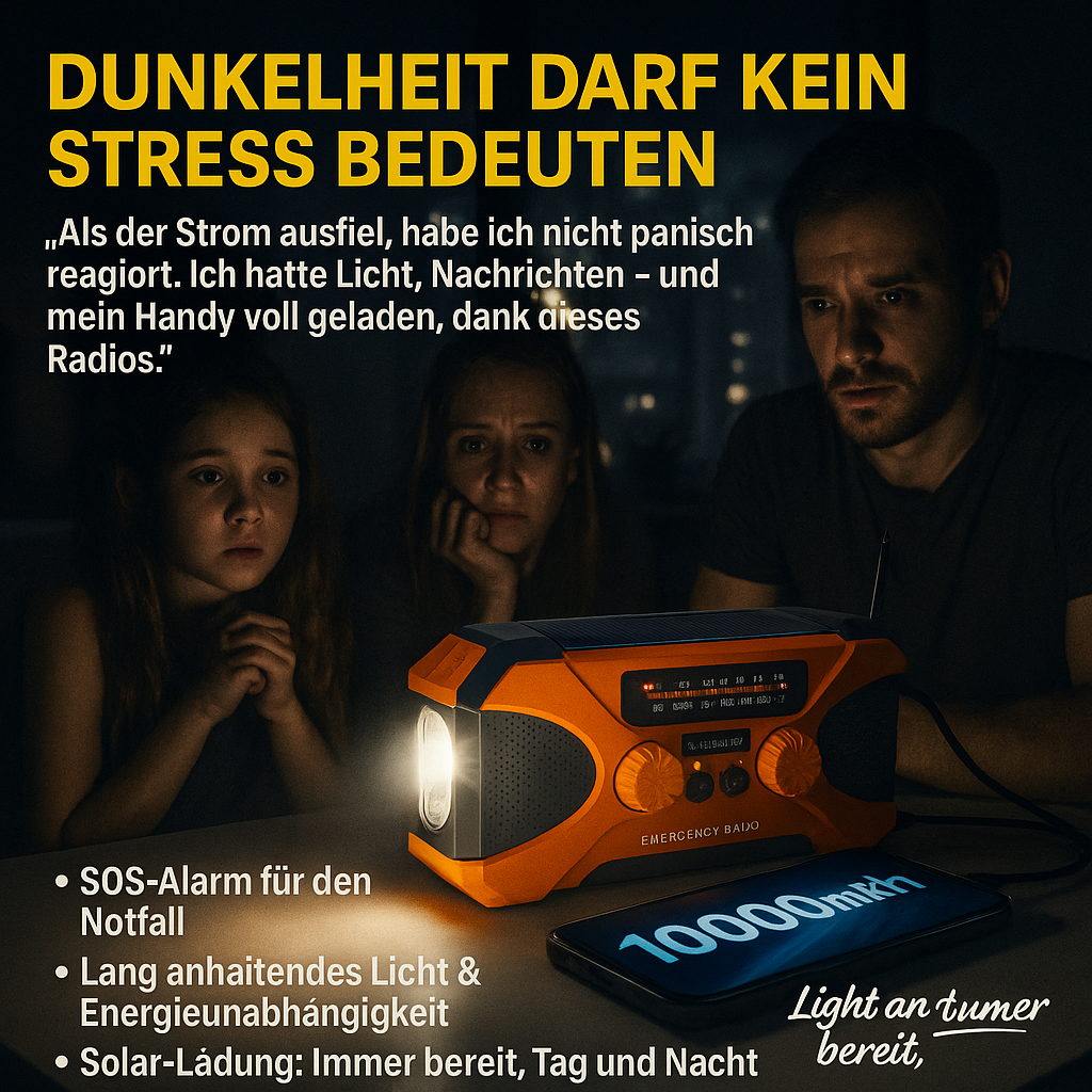Multifunktionales Notfallradio 10000mAh – Solar, Handkurbel, LED, SOS-Alarm