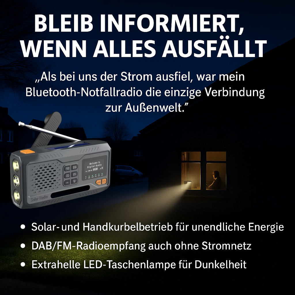 DAB/FM Notfallradio 4500mAh – Solar, Handkurbel, SOS-Alarm, Bluetooth