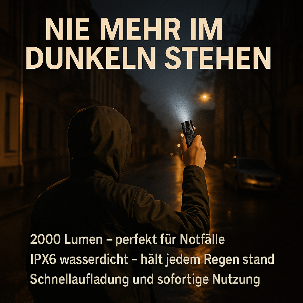 Kompakte Taschenlampe 2000lm – Outdoor & Notfalllampe, USB-C aufladbar