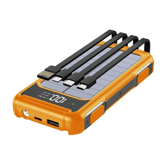 Solar-Powerbank mit integrierten Kabeln, Display & LED