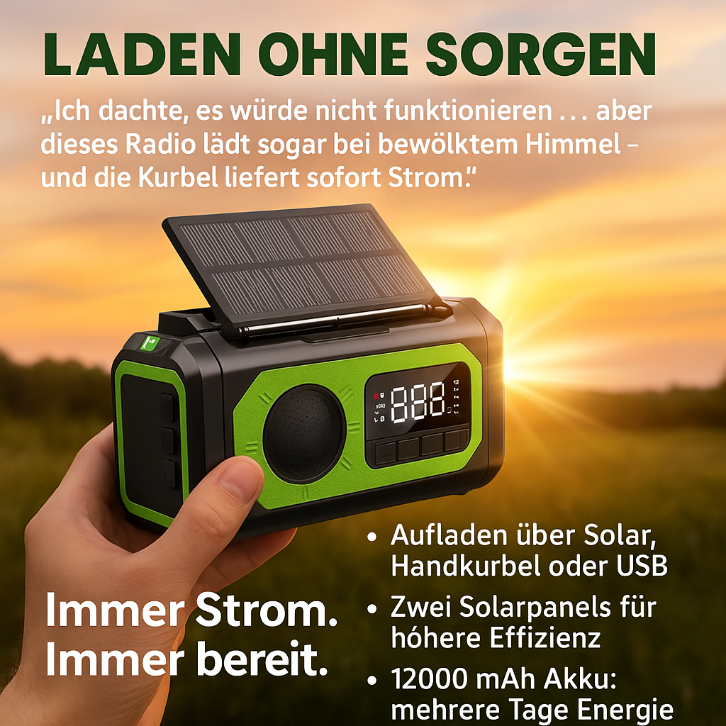 Notfallradio 12000mAh – Solar, Handkurbel, LED, USB-Ladefunktion