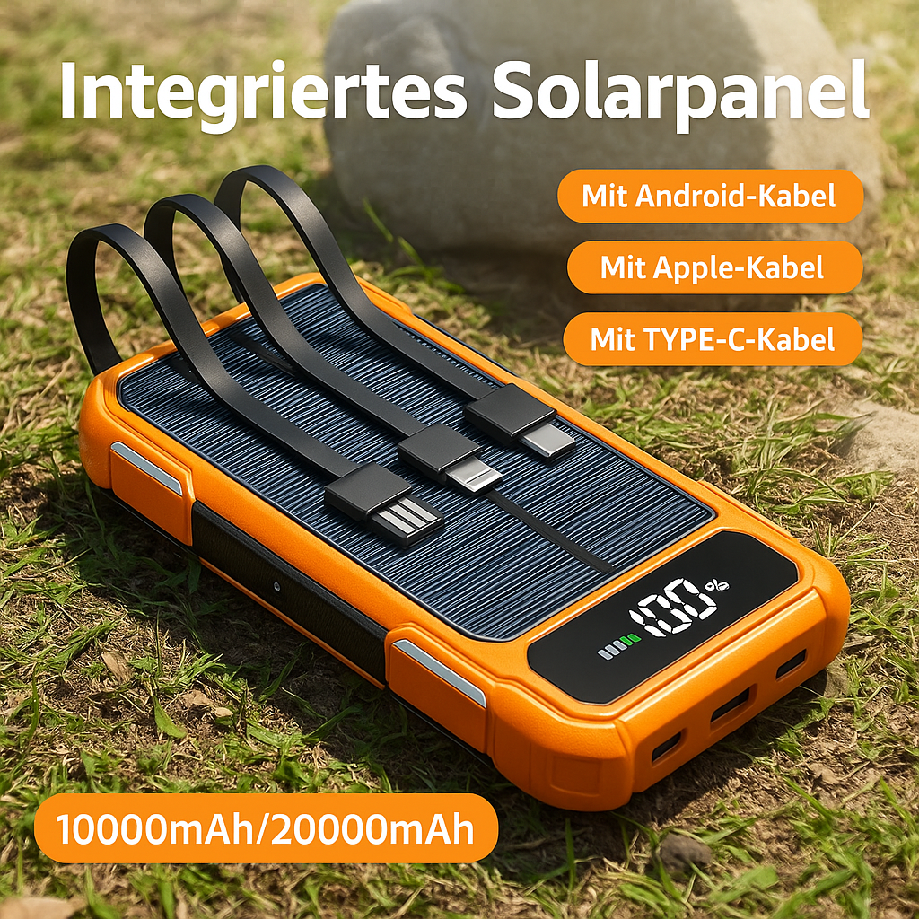 Solar Ladegerät 200000mAh – Integrierte Kabel & LED-Anzeige