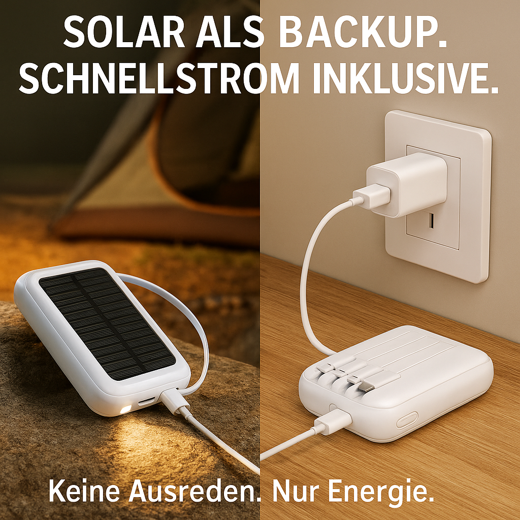 Solar Ladegerät 50000mAh – Mit Kabeln, LED & Schnellladung