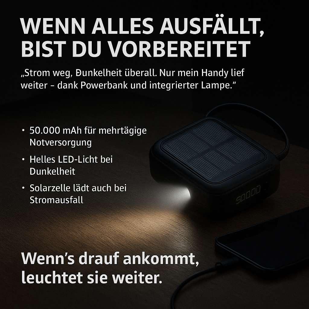 Solar Ladegerät 50000mAh – Mit Kabeln, LED & Schnellladung