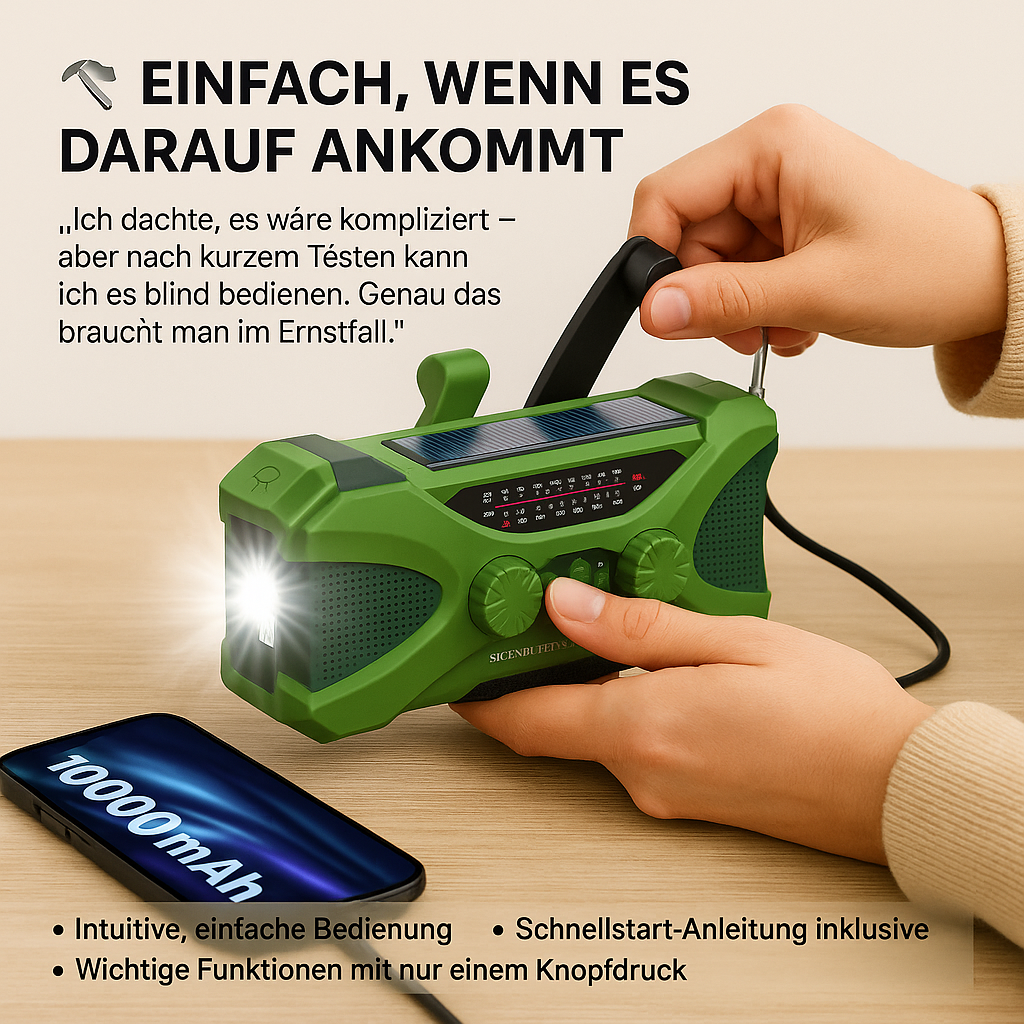 Notfallradio 10000mAh – Solar, Handkurbel, LED & SOS