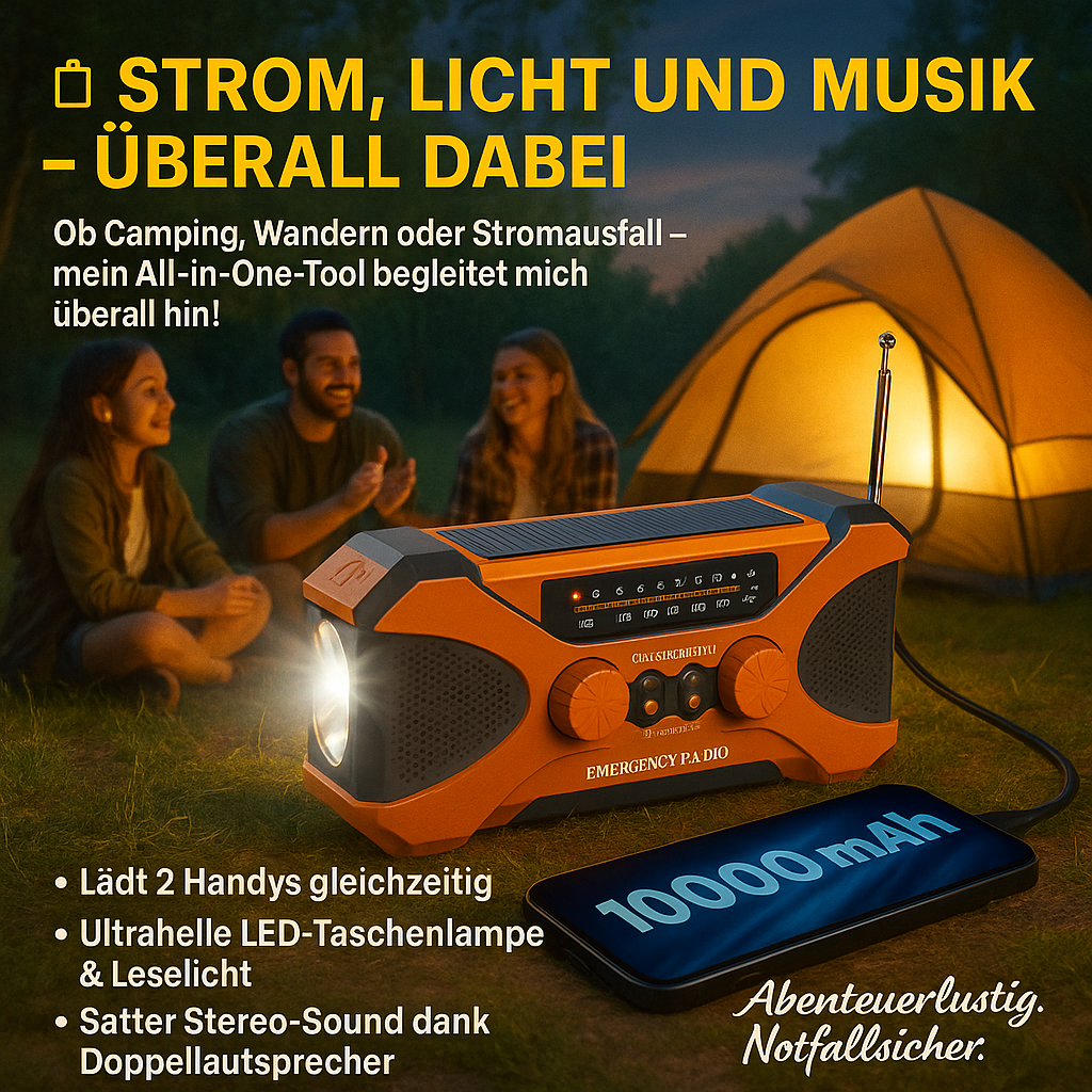 Multifunktionales Notfallradio 10000mAh – Solar, Handkurbel, LED, SOS-Alarm