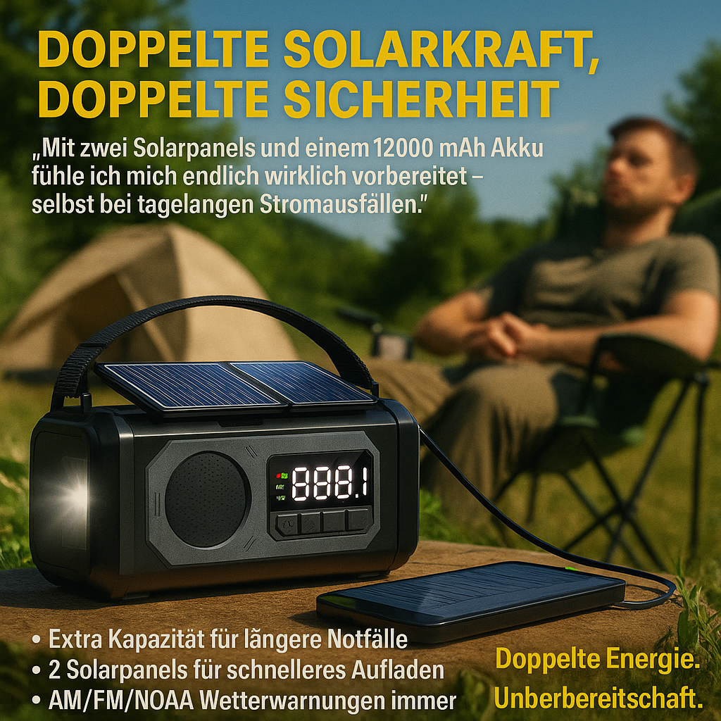 Notfallradio 12000mAh – Solar, Handkurbel, LED, USB-Ladefunktion