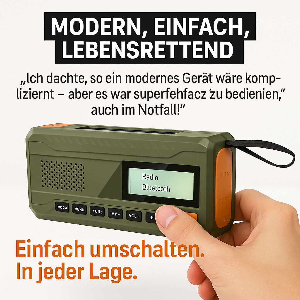 DAB/FM Notfallradio 4500mAh – Solar, Handkurbel, SOS-Alarm, Bluetooth