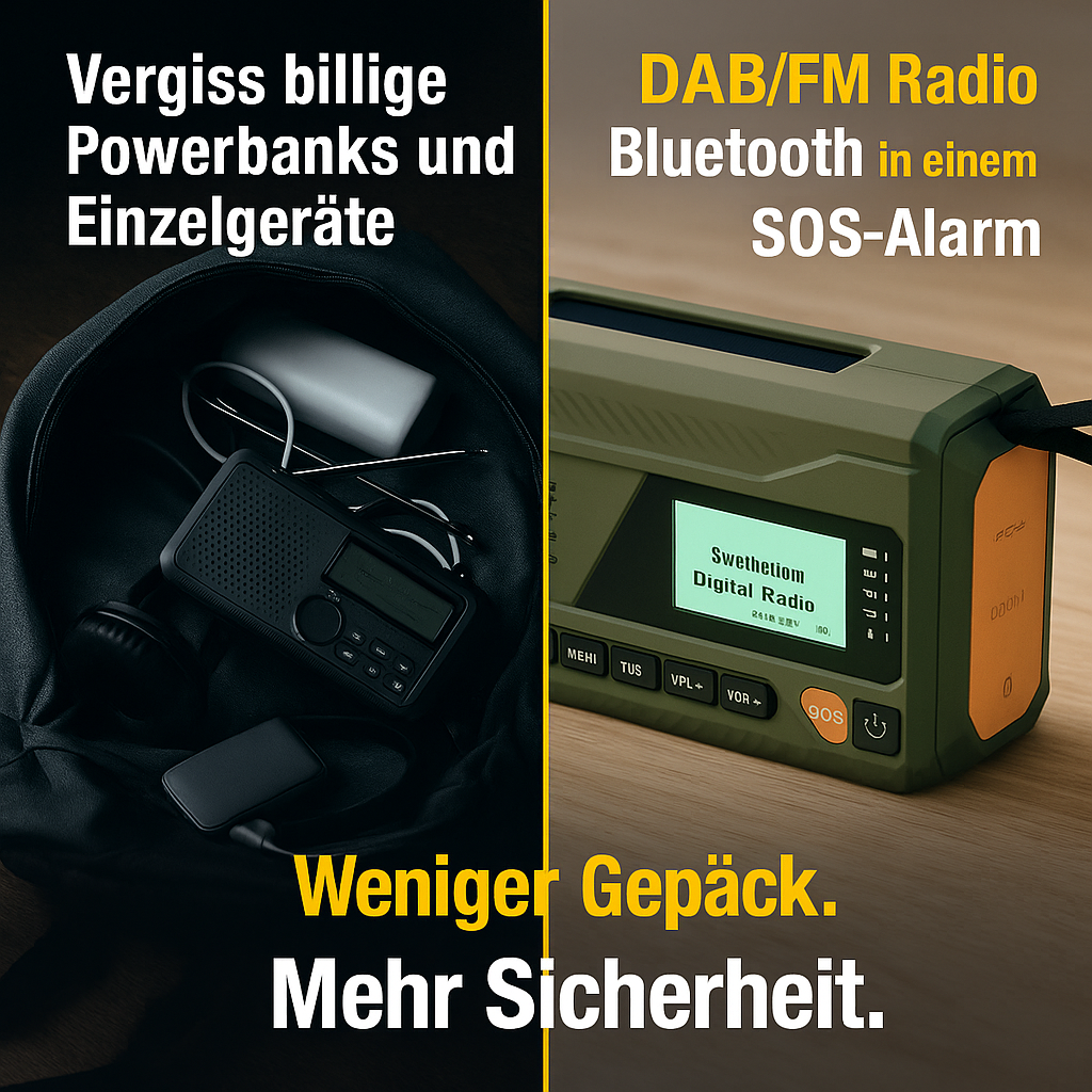 DAB/FM Notfallradio 4500mAh – Solar, Handkurbel, SOS-Alarm, Bluetooth