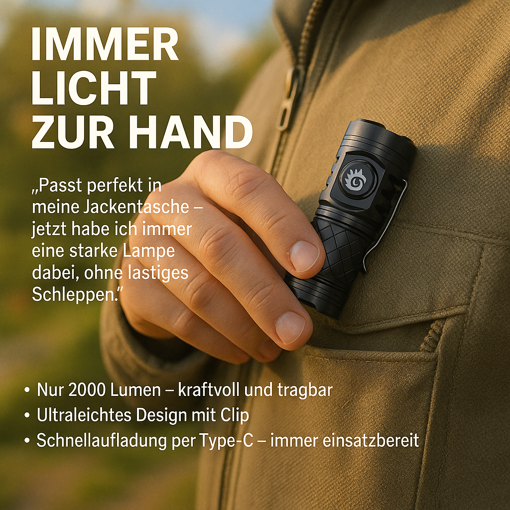 Kompakte Taschenlampe 2000lm – Outdoor & Notfalllampe, USB-C aufladbar
