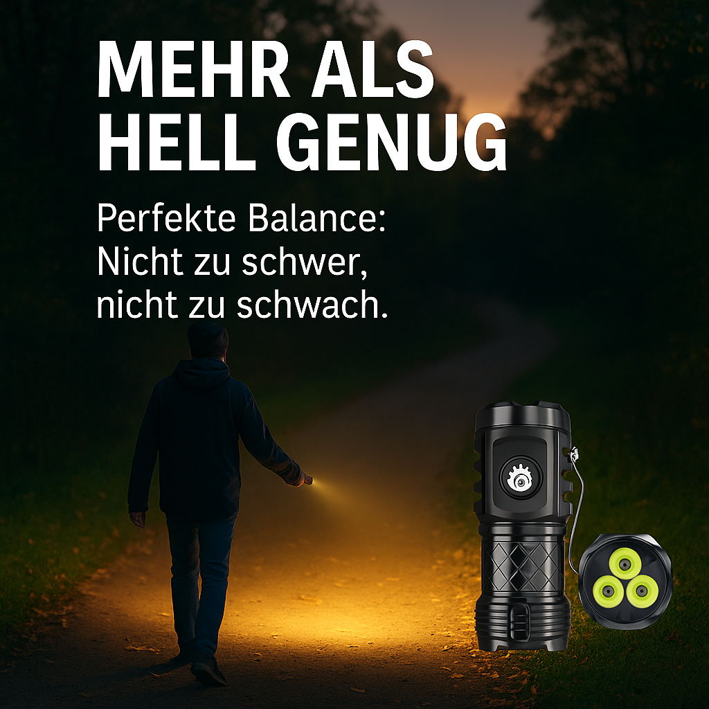 Kompakte Taschenlampe 2000lm – Outdoor & Notfalllampe, USB-C aufladbar