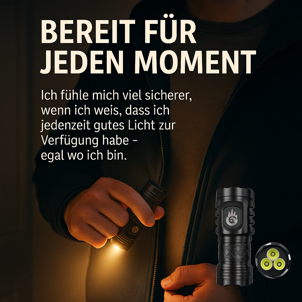 Kompakte Taschenlampe 2000lm – Outdoor & Notfalllampe, USB-C aufladbar
