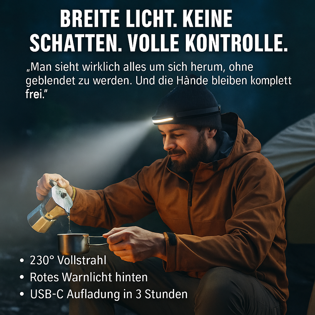 220° Stirnlampe mit 7500 mAh Akku | Superhell, USB-C, IPX6