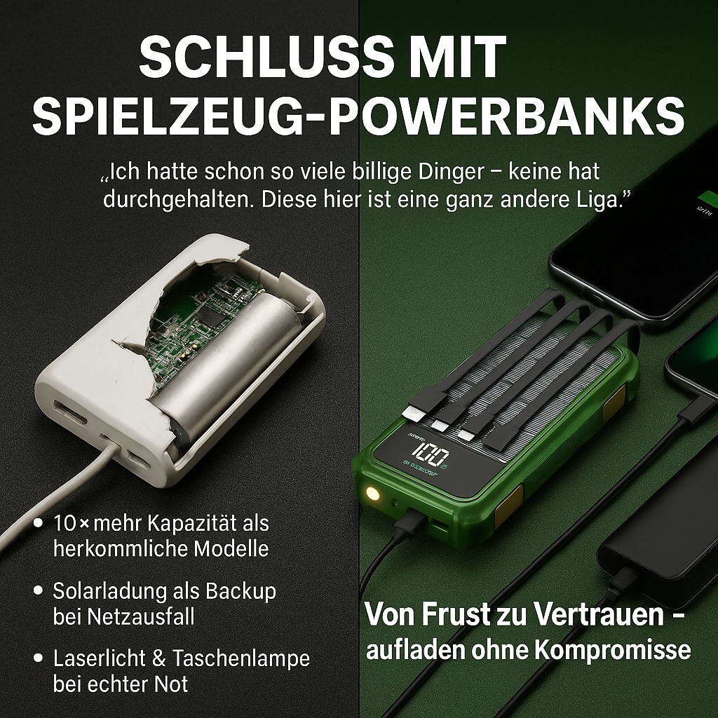 Solar Ladegerät 200000mAh – Integrierte Kabel & LED-Anzeige