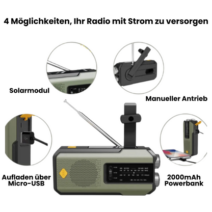 Notfallradio 2000mAh – Handkurbel, Solar, USB & SOS