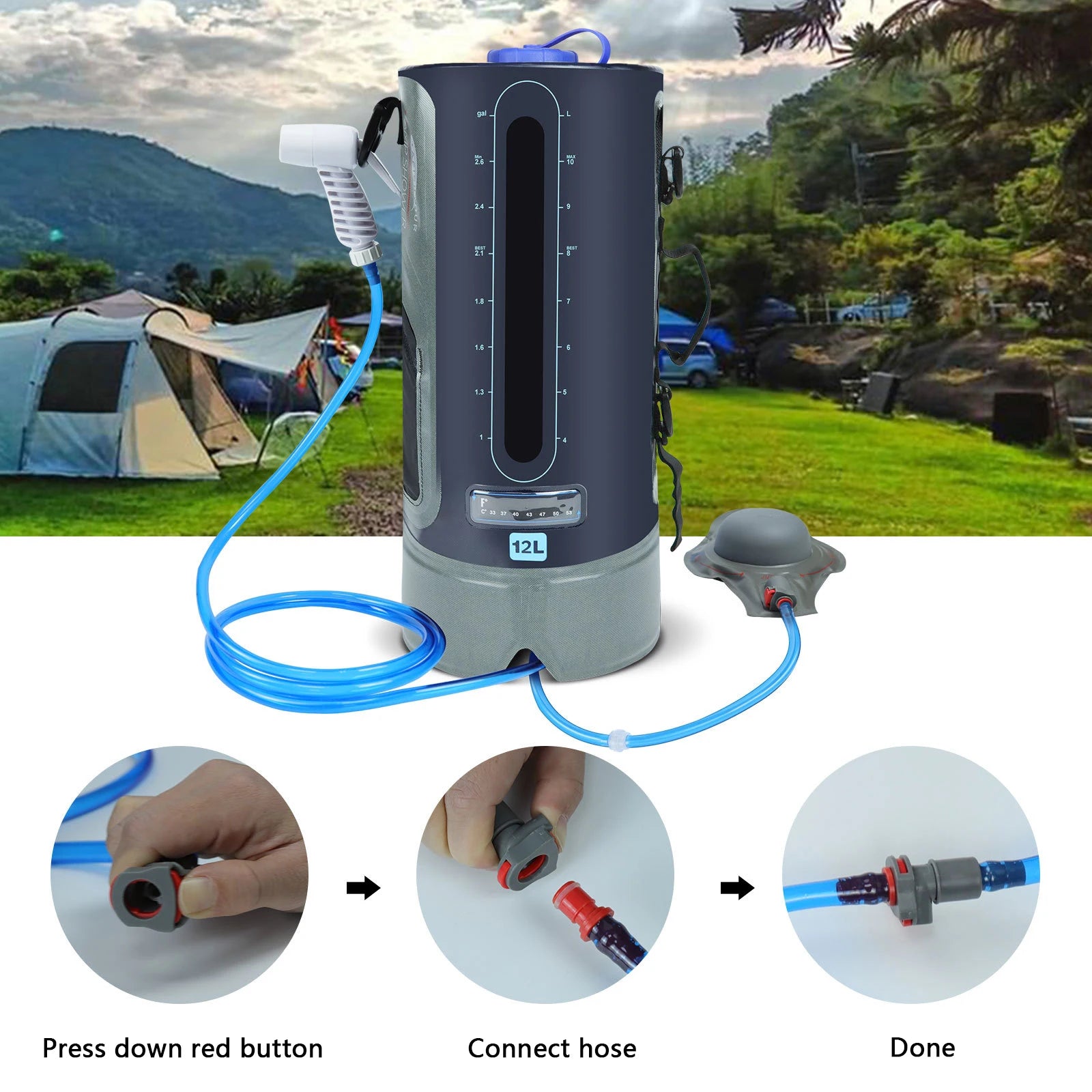 Solar duschbeutel: Tragbare Duschbag mit Schlauch und Duschkopf, leicht & flexibel
