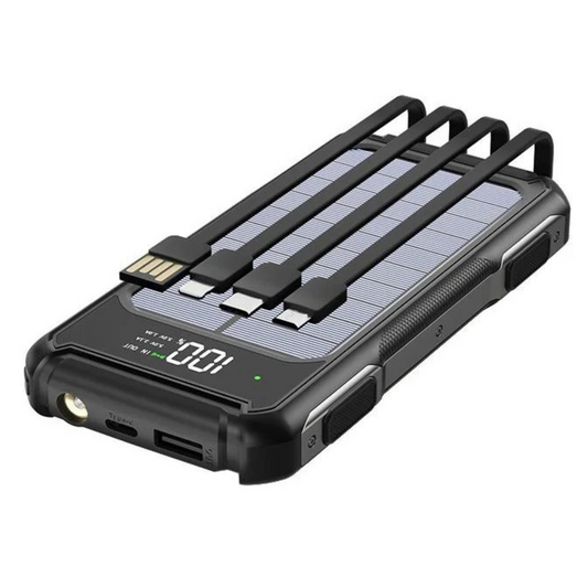 Solar-Powerbank mit integrierten Kabeln, Display & LED