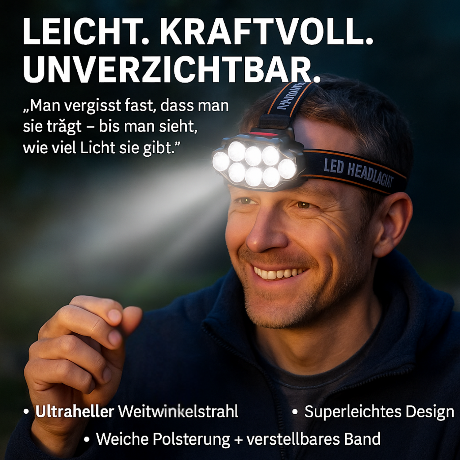 Superhelle LED Stirnlampe mit USB-Aufladung | IPX4 Wasserdicht