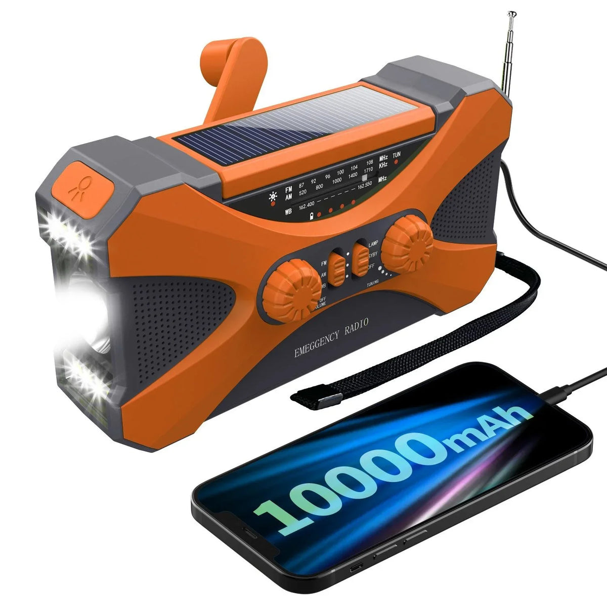 Notfallradio 10000mAh – Solar, Handkurbel, LED & SOS