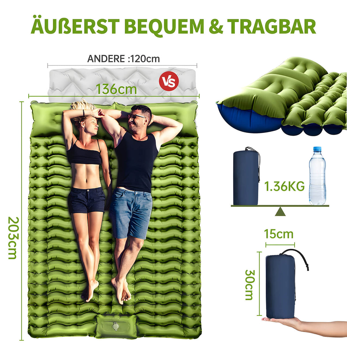 Selbstaufblasende Isomatte für 2 Personen – 10 cm