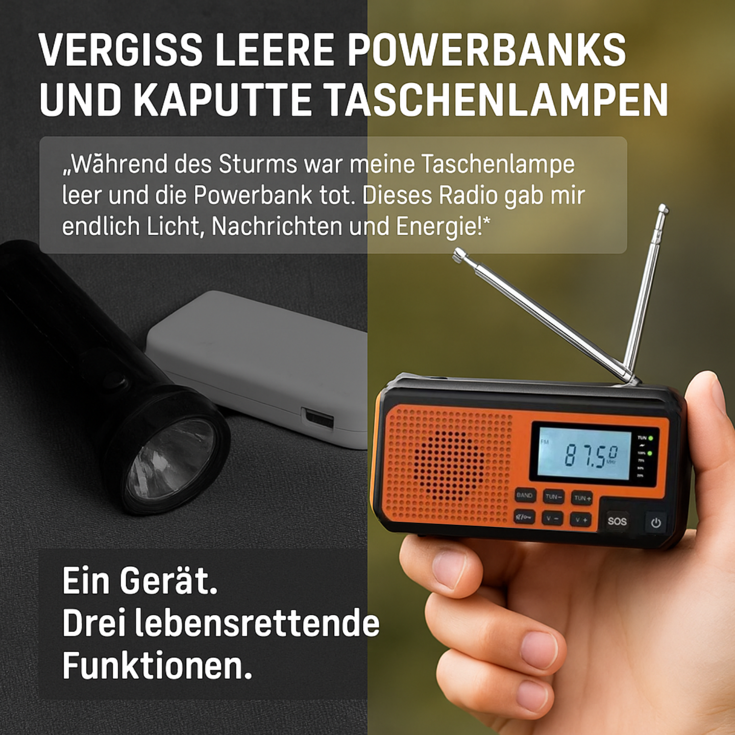 Notfallradio 4000mAh – Solar, Handkurbel, Typ-C, LED-Taschenlampe