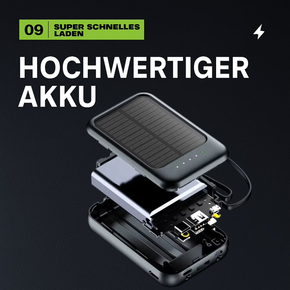 Solar Ladegerät 50000mAh – Mit Kabeln, LED & Schnellladung